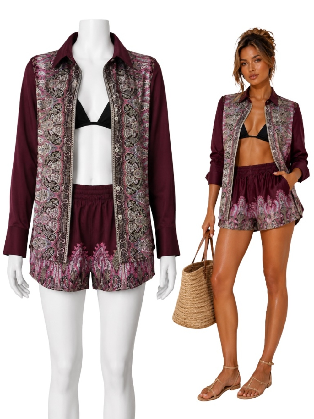NWT BRUNNE Burgundy Paisley Shirt & Shorts Matching Set 100% Cotton Size S